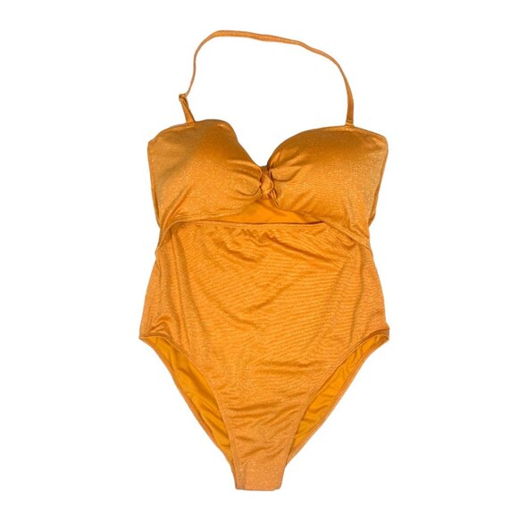 BCBG Paris Knotted Bandeau Adjustable Strap 1PC Swimsuit Shimmer Gold XXL New - Picture 3 of 7